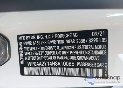 2022 Porsche Taycan from USA, damaged, VIN WP0AA2Y14NSA10085